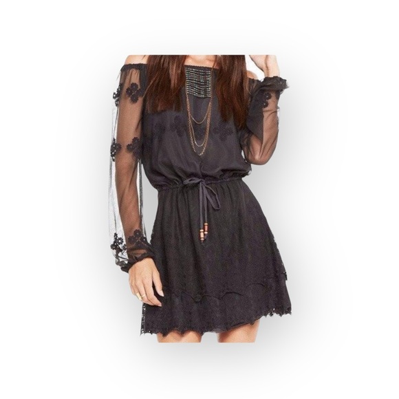 new Chaser ✶ Vintage Inspired Mesh + Lace Off Shouder Mini Dress ✶ Black XS ✶ - Picture 15 of 16